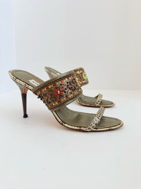 Manolo Blahnik Archival Embroidered Beaded Mule Heels Snakeskin Trim 38.5 Rare